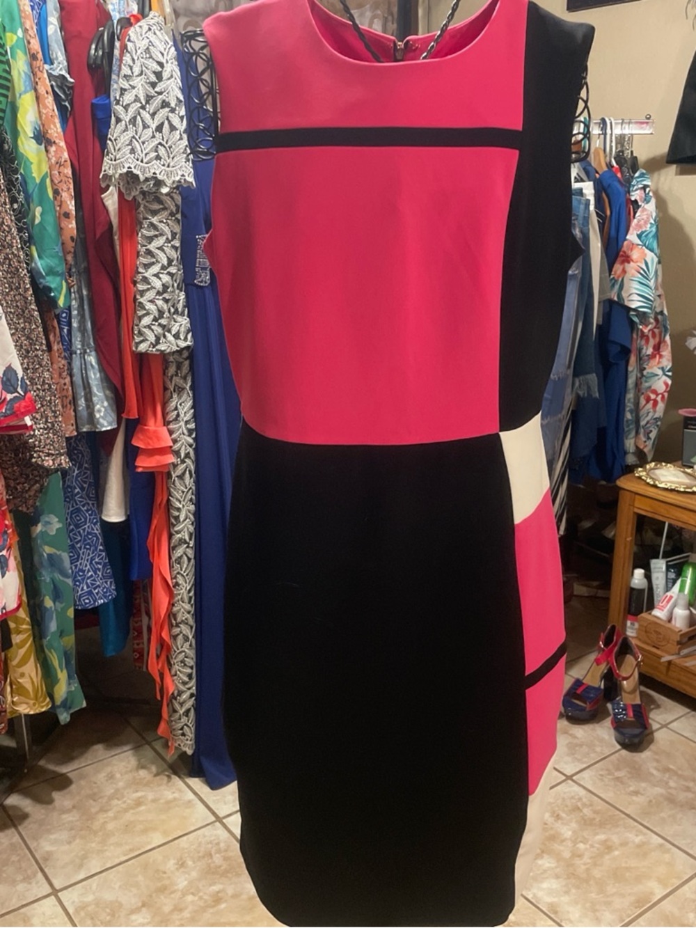 Tommy Hilfiger Pink, Black & Cream Colorblock Midi Dress